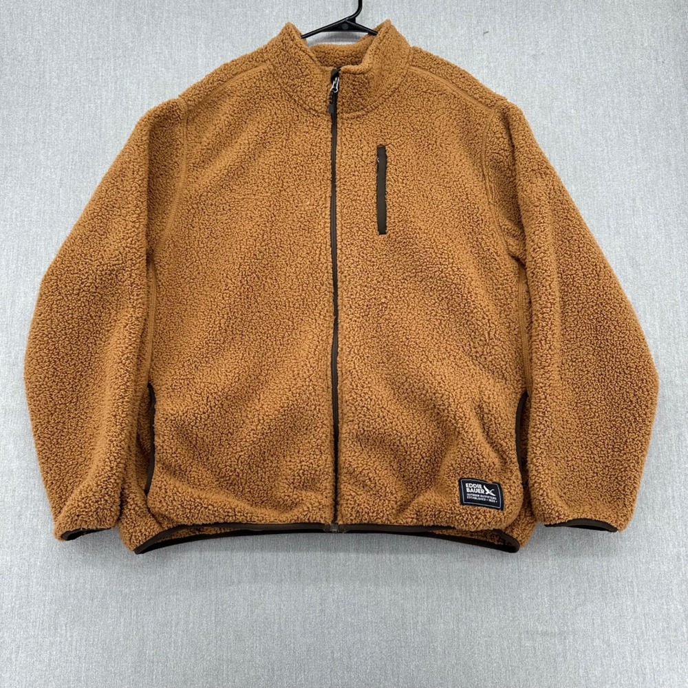 Eddie Bauer Fleece Jacket Men XXL Brown Sherpa Full Zip Outdoor High Pile Soft